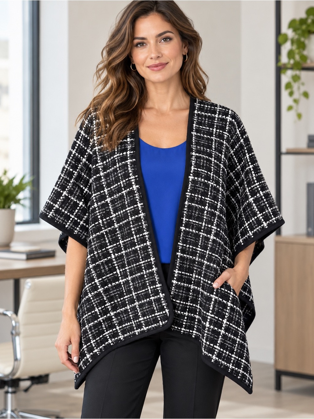 Jessica McClintock Black White Plaid Open Front Cape Poncho One Size
